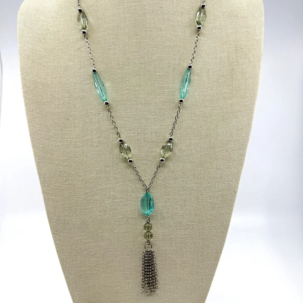 Necklace Turquoise Tone Green Bead Y Drop Silver Tone Chain Tassel Statement